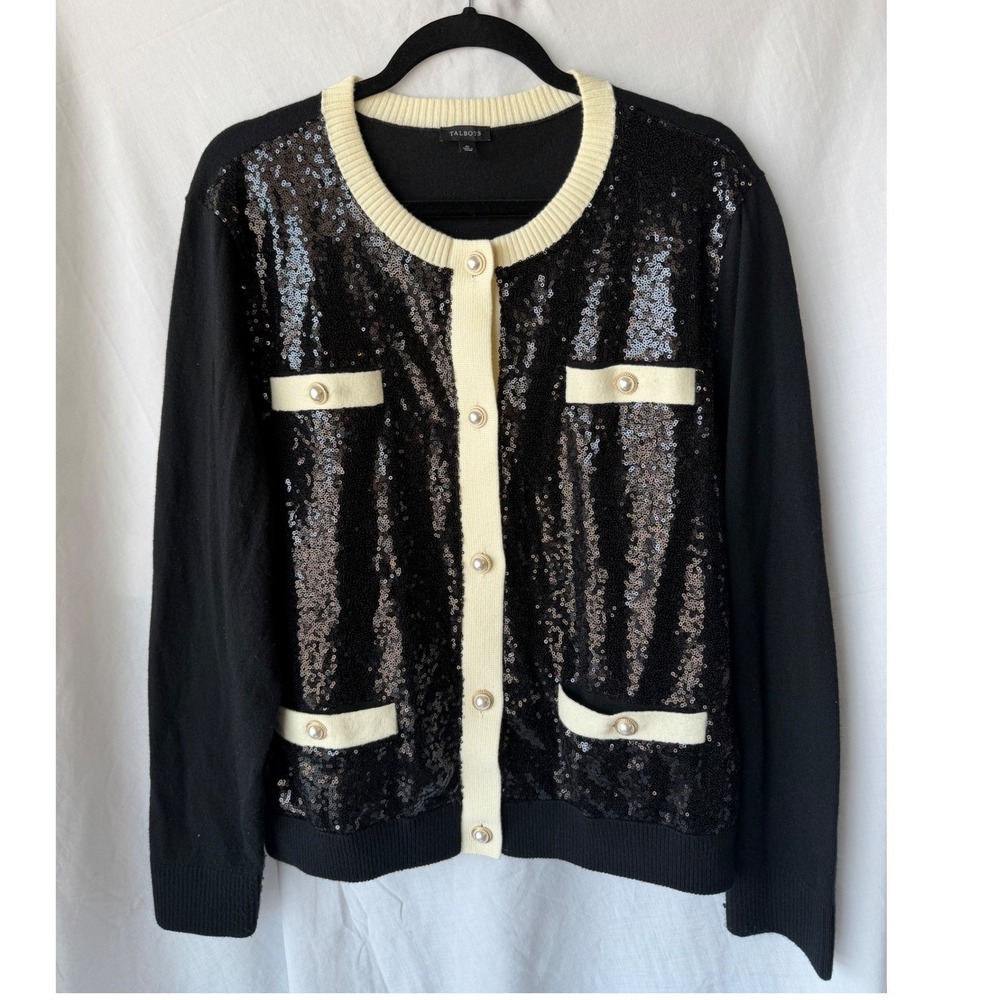 Talbots Cardigan Sweater Black Sequin Coquette Holiday Party Elegant Festive XL